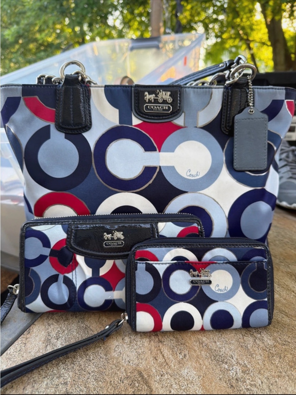 Coach Multi-Color Circle Print Tote with Matching Wallets